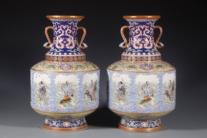 Pair of Famille Rose The Eight Immortals and Dragon Pattern Porcelain Vase