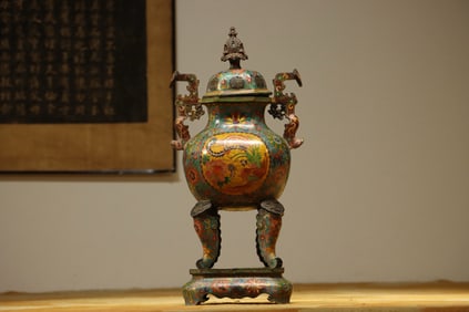 Bronze Cloisonne Carved Flower and Phoenix Pattern Double Ears Incense Burner