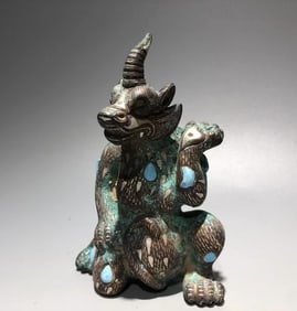 Chinese Bronze Silver Inlaid Carved Beast Shape Ornament