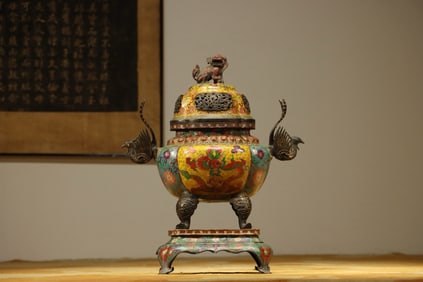 Bronze Cloisonne Carved Dragon Pattern Double Phoenix Ears Incense Burner