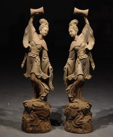 Pair of Nan Wood Carved Beauty Shape Figure