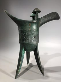 Chinese Bronze Carved Beast Face Pattern Jue Cup