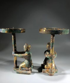 Pair of Chinese Bronze Carved Character Shape Candlestick