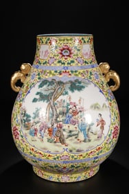Famille Rose Character Story Pattern Porcelain Double Ears Vase