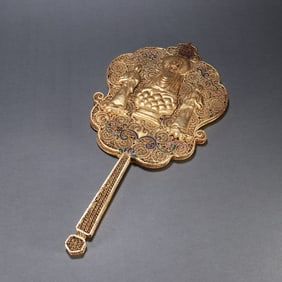 Gilt Silver Inlaid Blue Enameled Carved Flower Pattern Fan