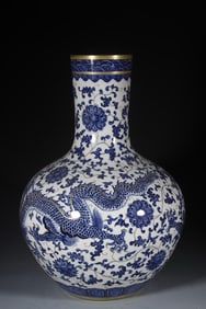 Blue and White Inlaid Gilt Bronze Flower and Dragon Pattern Porcelain Tianqiu Vase