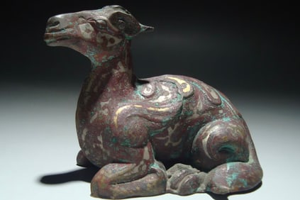 Chinese Bronze Gold and Silver Inlaid Carved Beast Shape Figure