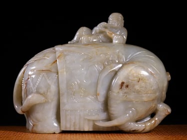 Jade Carved Child and Elephant Shape Ornament