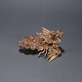 Gilt Silver Inlaid Gem Stone Carved Phoenix Pattern Hairpin