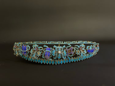 Gilt Silver Inlaid White Pearl and Blue Feather Carved Flower Pattern Hairpin