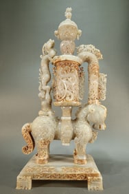 Jade Carved Dragon and Phoenix Pattern Beast Shape Incense Burner