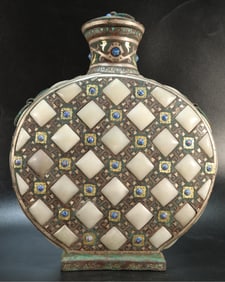 Chinese Bronze Gold and Silver Inlaid Jade Carved Dragon Pattern Vase