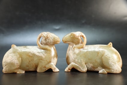 Pair of Jade Carved Ram Ornament