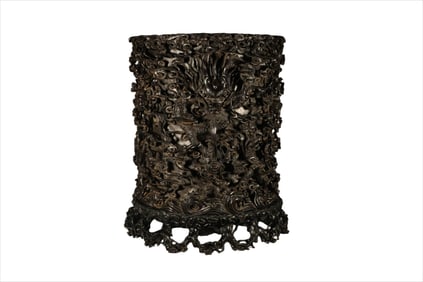 Red Sandalwood Carved Dragon and Sea Wave Pattern Brush Pot