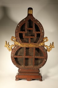 Huanghuali Wood Inlaid Jade Gold Drawing Carved Gourd Pattern Gourd Shape Treasure Shelf
