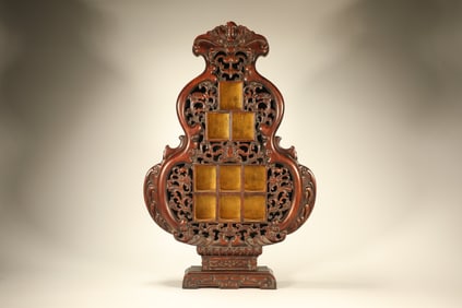 Huanghuali Wood Carved Flower and Bat Pattern Gourd Shape Treasure Shelf