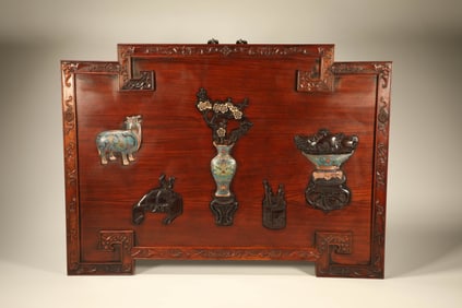 Huanghuali Wood Inlaid Bronze Cloisonne Carved Flower and Flower Pot Pattern Wall Panel