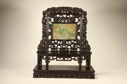 Red Sandalwood Inlaid Jadeite Carved Landscape Pattern Table Plaque