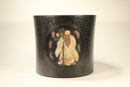 Red Sandalwood Inlaid Silver Carved Bat and Character Pattern Brush Pot