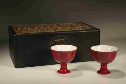 Pair of Red Glazed Porcelain High Foot Cup