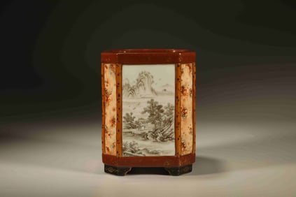 Marble Glazed Ink Colored Landscape Pattern Porcelain Brush Pot