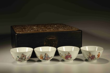 Group of Four Famille Rose Character Story Pattern Porcelain Cup