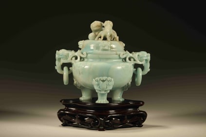 Jadeite Carved Lion Pattern Double Lion Ears Incense Burner