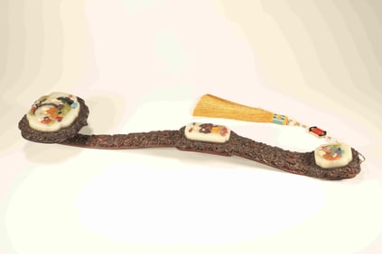 Huanghuali Wood Inlaid Jade and Gem Stone Carved Character Story Pattern RuYi Ornament