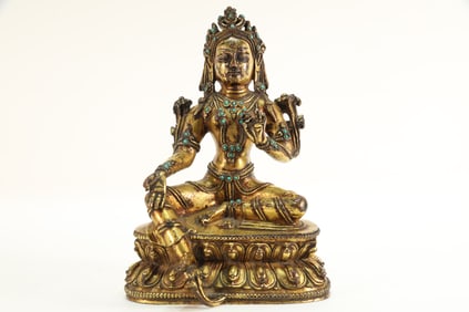 Gilt Bronze Inlaid Turquoise White Tara Figure