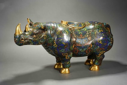 Bronze Cloisonne Carved Flower Pattern Rhinoceros Shape Incense Burner