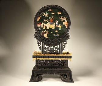 Red Sandalwood Inlaid Jasper Jade and Gem Stone Carved Children and Elephant Pattern Table Plaque