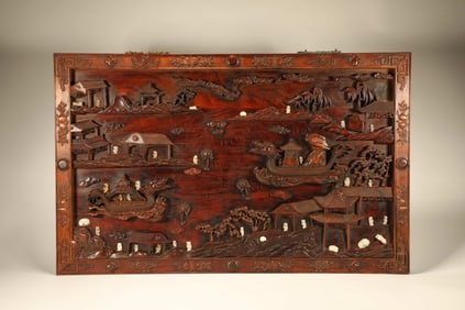 Huanghuali Wood Inlaid Jade Carved Character Pattern Wall Panel