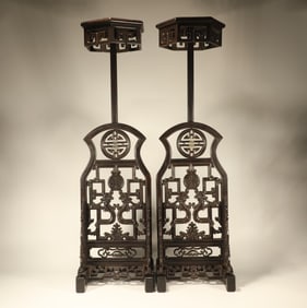 Pair of Red Sandalwood Inlaid Jade Carved Dragon and Shou Pattern Lampstand