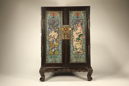 Red Sandalwood Inlaid Bronze Cloisonne Carved Pine Tree and Crane Pattern Cabinet