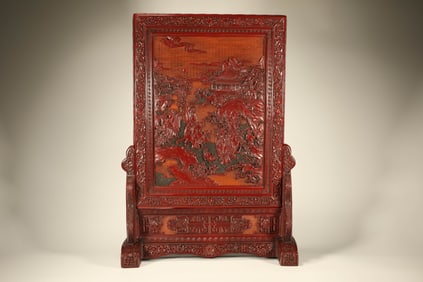 Lacquerware Red Carved Character Story and Poetry Pattern Table Plaque