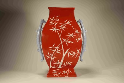 Red Glazed Bamboo Pattern Porcelain Double Dragon Ears Zun