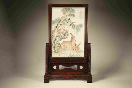 Huanghuali Wood Inlaid Famille Rose Monkey and Deer Pattern Porcelain Table Plaque