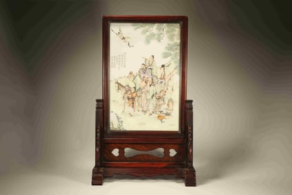 Huanghuali Wood Inlaid Famille Rose The Eight Immortals Pattern Porcelain Table Plaque