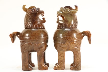 Pair of Jade Carved Lion Shape Incense Burner