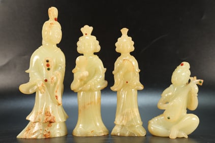 Group of Four Jade Inlaid Gem Stone Carved Beauty Shape Figure