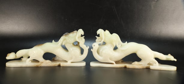 Pair of Jade Carved Dragon Shape Figure