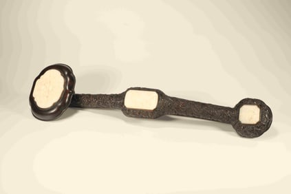 Red Sandalwood Inlaid Jade Carved Dragon Pattern RuYi Ornament