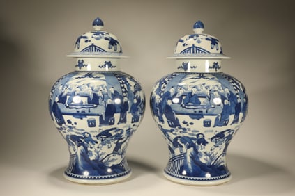 Pair of Blue and White Playing Children Pattern Porcelain Lid Pot