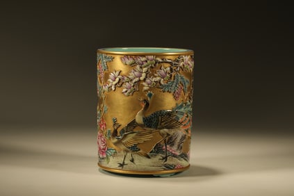 Famille Rose Gold Drawing Carved Flower and Phoenix Pattern Porcelain Brush Pot
