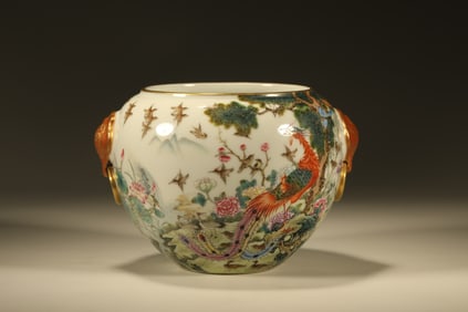 Famille Rose Bird and Phoenix Pattern Porcelain Double Lion Ears Washer