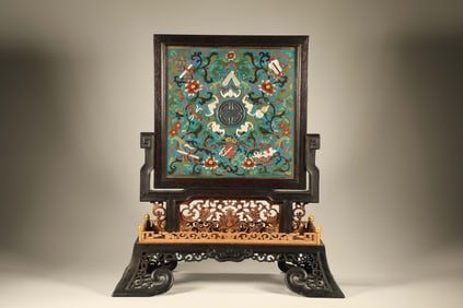 Red Sandalwood Inlaid Bronze Cloisonne Carved Bat and Shou Pattern Table Plaque