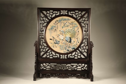 Chicken Wing Wood Inlaid Silk Embroidery Bird and Phoenix Pattern Table Plaque