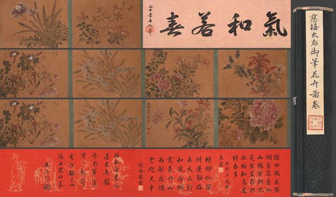 Chinese Drawing Flower Hand Scroll,Ci Xi Mark