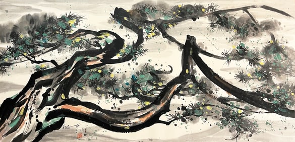 Chinese Pine Tree Painting, Ink and Color on Paper, Mounted, Wu Guanzhong Mark