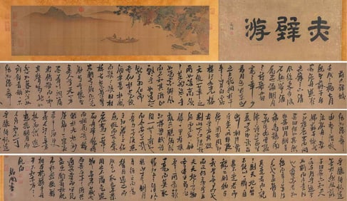 Chinese Calligraphy and Painting Painting, Ink and Color on Silk, Hand Scroll, Qiu Ying, Zhang Ruitu